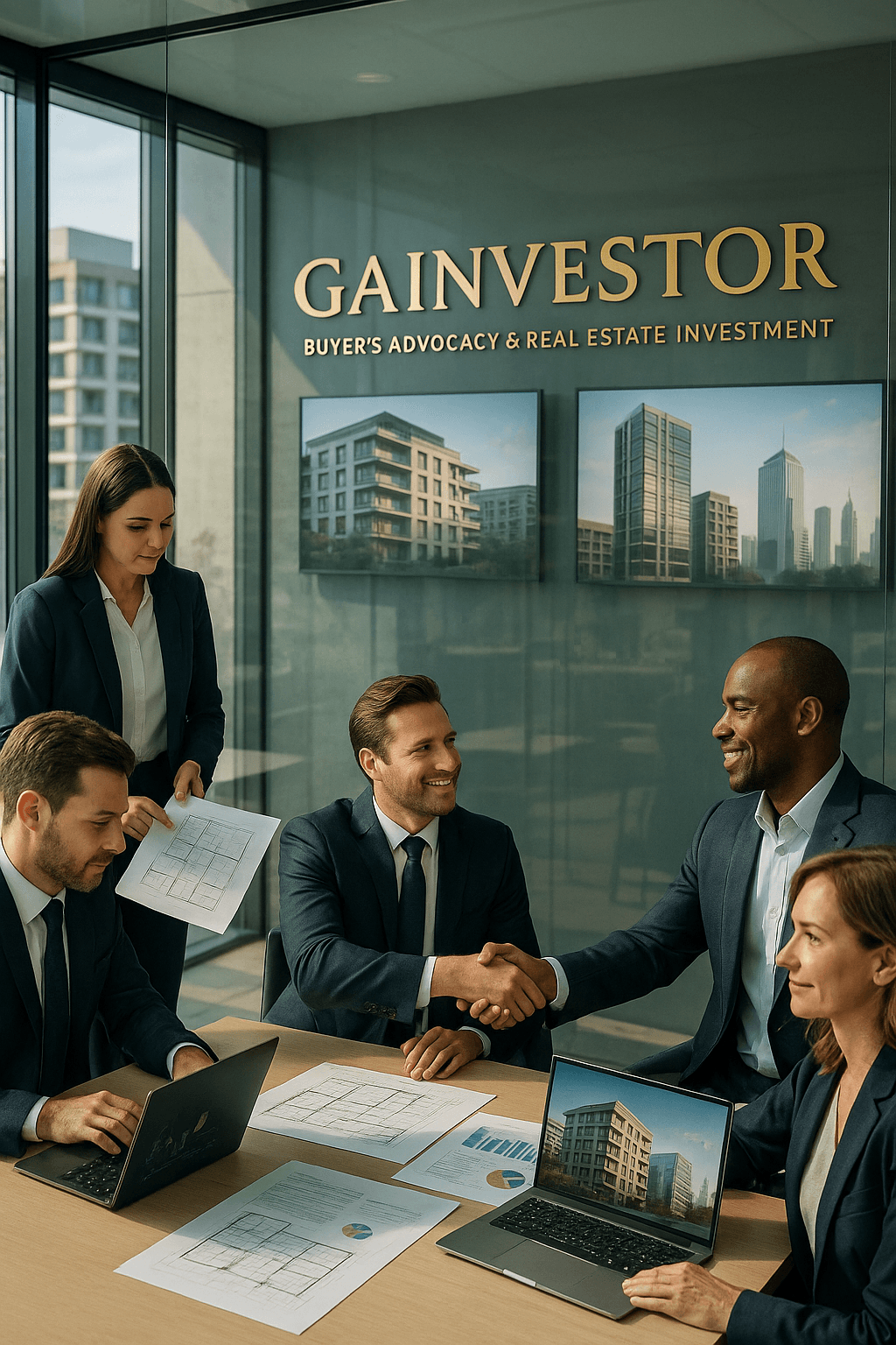 City skyline at sunset