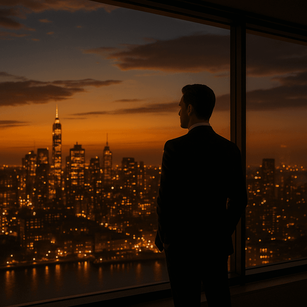 City skyline at sunset